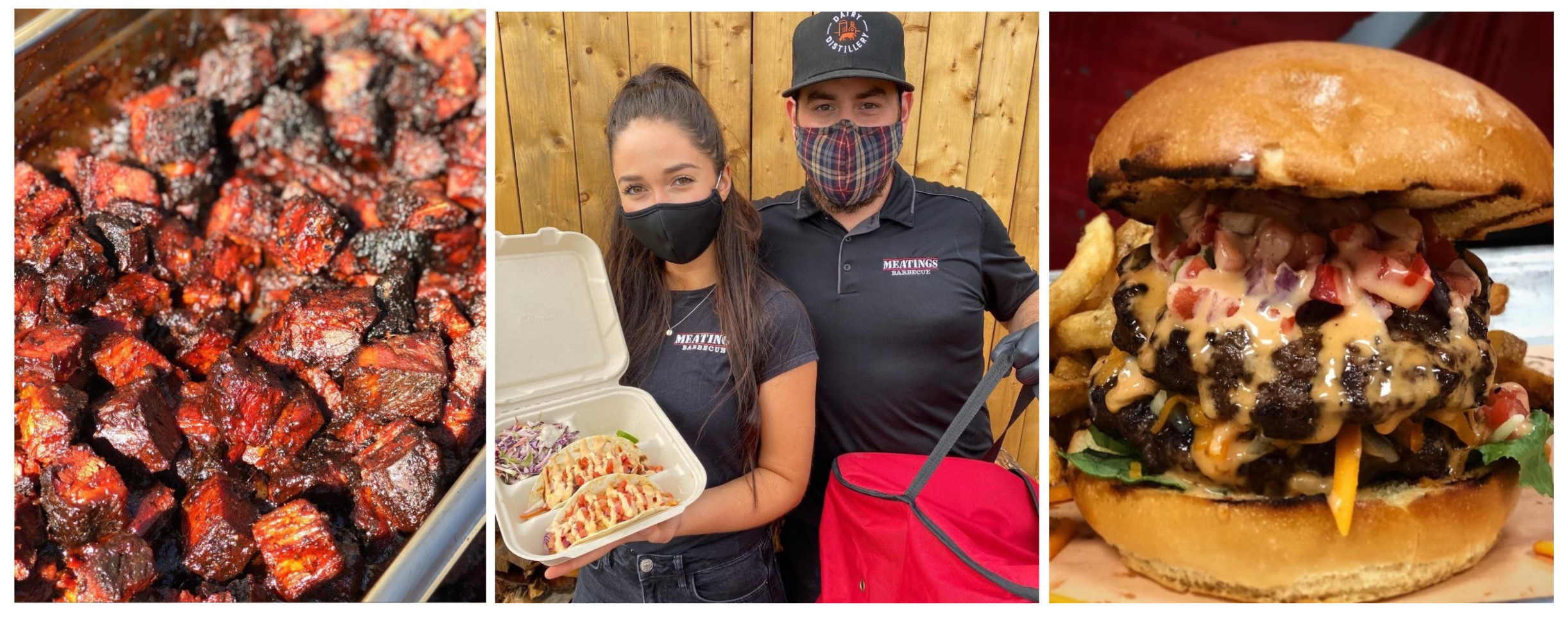 Barbecue mean, burger and two Meatings BBQ team members holding delivery food